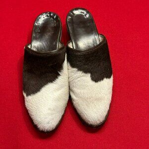 Custom Made Cowhide Mules – Brown & White, Size 7.5